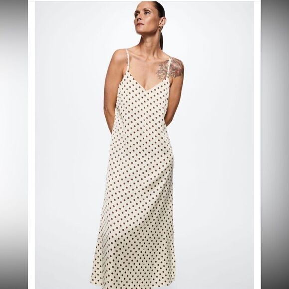 Mango Polka-dot satin-finish dress size 2 cream with brown spots - Picture 1 of 14